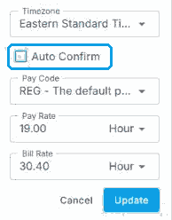 Part of the job edit form in NextCrew with the Auto Confirm checkbox highlighted, above Pay Code, Pay Rate and Bill Rate and the Cancel and Update buttons