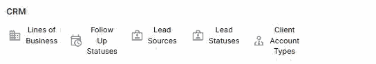 The CRM section of Code Tables in NextCrew, showing Lines of Business, Follow Up Statuses, Lead Sources, Lead Statuses and Client Account Types