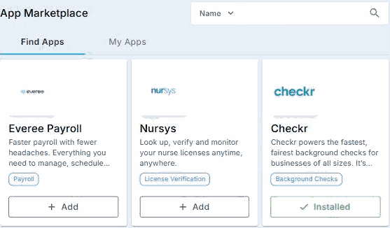 The Find Apps tab of the App Marketplace in NextCrew, showing app cards for Everee Payroll, Nursys and Checkr, each with a short description, a category tag, and an Add button or an Installed label