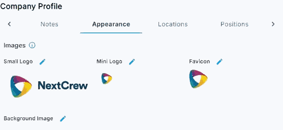 The Appearance tab of Company Profile in NextCrew, with an Images section showing the Small Logo, Mini Logo, Favicon and Background Image, each with a pencil icon to change it