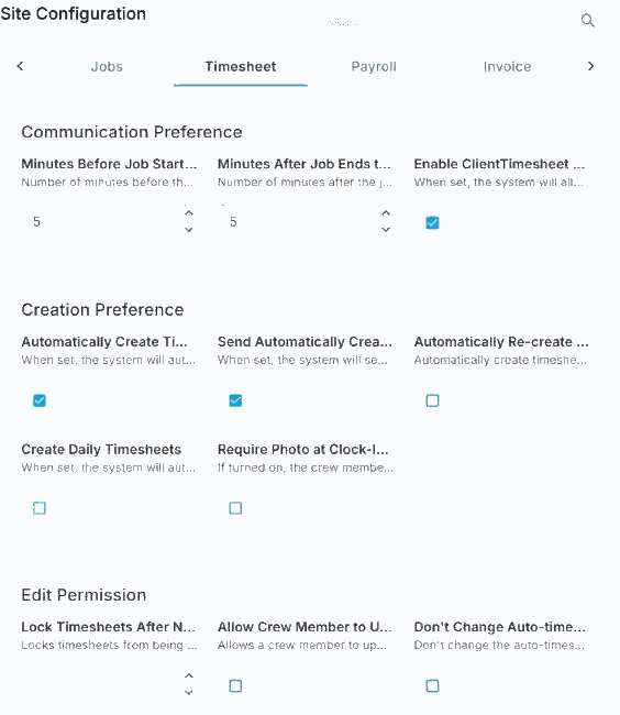 The Timesheet tab of Site Configuration in NextCrew, with settings grouped under Communication Preference, Creation Preference and Edit Permission, each with a short description under its name