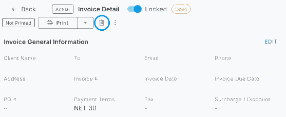 The top of an invoice in NextCrew with the trash icon circled next to Print, and the Invoice General Information section below with an EDIT link