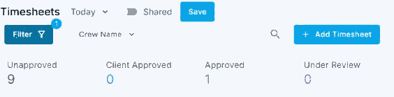 The top of the Timesheets page in NextCrew, with the date range selector and the Unapproved, Client Approved, Approved and Under Review counts