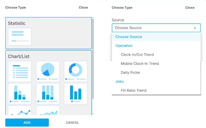 Two steps of adding to the Home dashboard in the NextCrew client portal. First, Choose Type with Statistic and Chart/List options and an ADD button. Second, the Source list with Clock-In/Out Trend, Mobile Clock-In Trend and Daily Pulse under Operation, and Fill Ratio Trend under Jobs