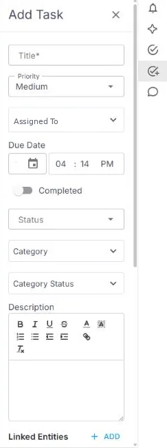 The Add Task form in the NextCrew client portal, with Title, Priority, Assigned To, Due Date, a Completed switch, Status, Category, Category Status, Description and Linked Entities