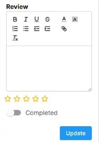 The Review section at the bottom of a timesheet in the NextCrew client portal, with a text box, five stars, a Completed switch and an Update button