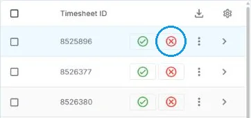 Timesheet rows in the NextCrew client portal, each with a green check to approve and a red X to decline, with the red X on the first row circled