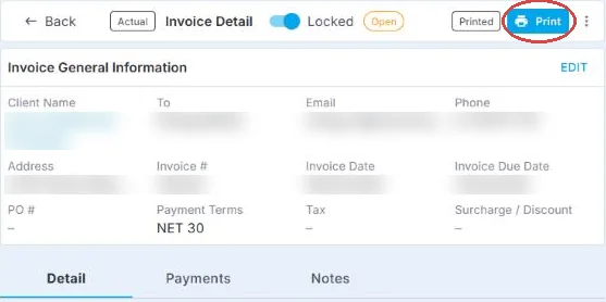 The top of an invoice in the NextCrew client portal with Print circled, the Invoice General Information section with client details blurred, and the Detail, Payments and Notes tabs