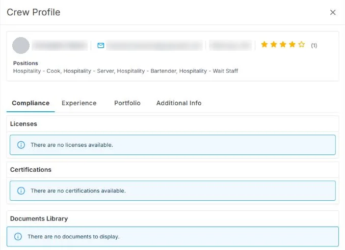 A Crew Profile in the NextCrew client portal with the name, email and photo hidden, a star rating, a list of positions, and Compliance, Experience, Portfolio and Additional Info tabs. The Compliance tab shows Licenses, Certifications and Documents Library