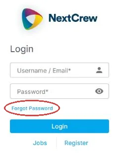 The NextCrew sign-in page with Username / Email and Password boxes, the Forgot Password link circled under the Password box, and the Login button