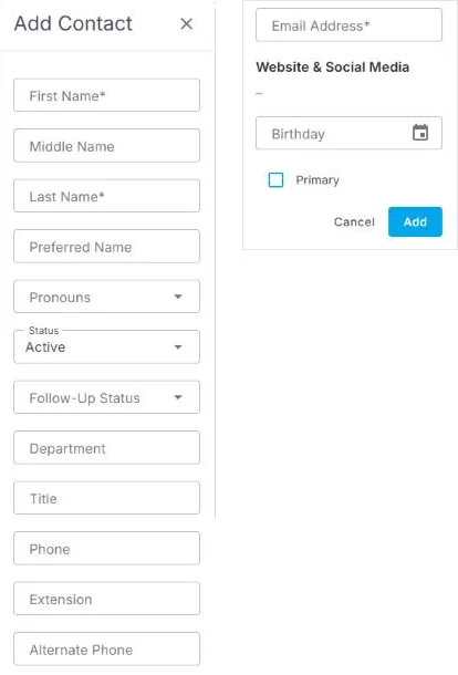Add Contact form with name, status, Follow-Up Status, title, phone, email and Primary fields
