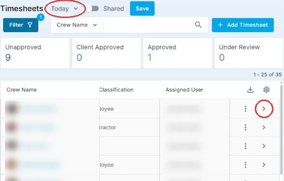 Timesheet list with the date selector, status counts and the arrow at the end of a row