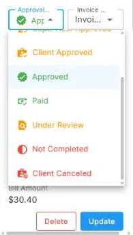 Approval Status list open on a timesheet, with the Delete and Update buttons