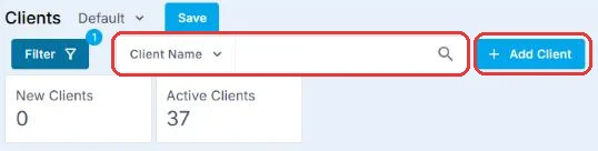 The top of CRM › Clients with the search box and the + Add Client button circled