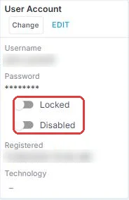 The User Account panel on a client contact, showing Username, Password, the Locked and Disabled switches (circled), Registered and Technology. The username and date are blurred.
