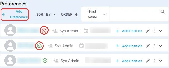 The Crew Preference tab on a client: an Add Preference button (circled) and three Crew Members, one marked Not Allowed with a red no-entry sign and two marked Allowed with a green check. Names, photos and dates are hidden.