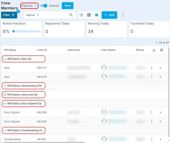Crew Members list in the Pipeline view, grouped by HR Status: New, Onboarding, Interview, Docs Signed and Credentialing
