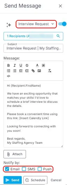 Send Message panel with the Interview Request template selected and Email ticked under Notify by