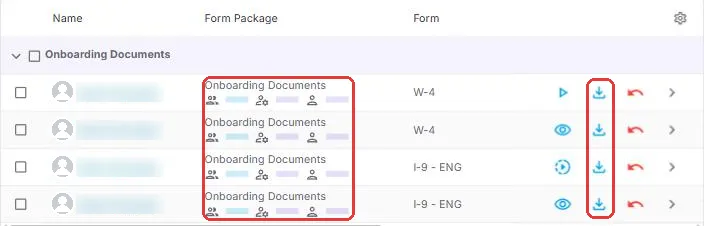 Workflows list showing one row per form, with progress bars under each form package and a download icon on each row