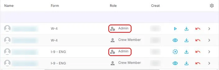 Workflows rows where the Role column shows Admin next to rows for the Crew Member