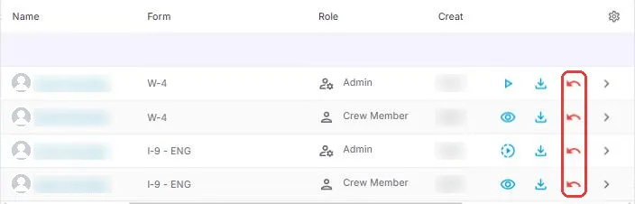 Workflows rows with the red reset arrow at the end of each row