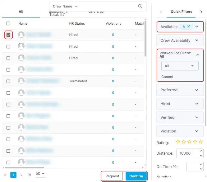 The job Invite screen with the Available and Worked For Client quick filters, a Crew Member ticked, and the Request and Confirm buttons