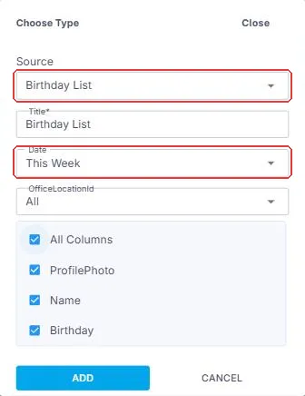 The widget form with Birthday List chosen as the Source and This Week chosen under Date