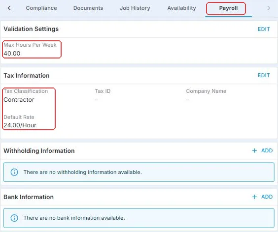 The Payroll tab on a Crew Member record, with the Payroll tab, Max Hours Per Week, Tax Classification and Default Rate highlighted