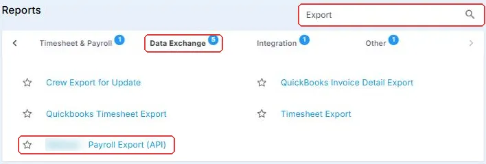Reports searched for Export, with the Data Exchange tab and a payroll company export highlighted