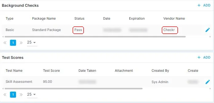 The Compliance tab on a Crew Member profile, showing a background check that passed, run by Checkr, and a test score below it