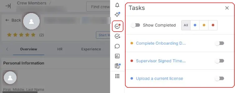 A Crew Member's record with the Tasks panel open on the right, showing three linked tasks with their priority, a priority filter and a Show Completed switch. The Tasks icon on the right edge is ringed