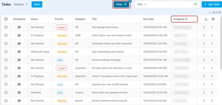The Tasks list in NextCrew with everyday tasks such as Run background check, Client follow-up, Candidate follow-up after interview, Sign onboarding documents and Send a birthday message, each with a status, priority, category, due date and owner. The Filter button and the Assigned To column are ringed