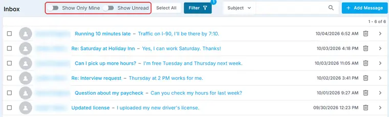 The Inbox in NextCrew: replies from Crew Members with a subject, a preview and the date, newest first. The Show Only Mine and Show Unread switches are ringed