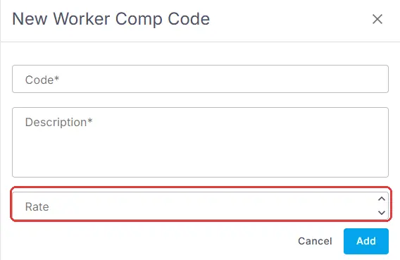 The New Worker Comp Code form in Code Tables with Code, Description and an optional Rate. The Rate field is ringed