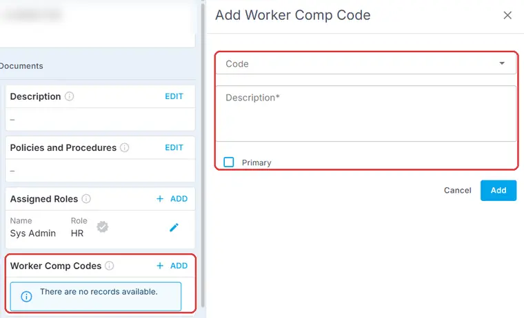 A client record with the Worker Comp Codes card ringed, and the Add Worker Comp Code form open beside it with Code, Description and a Primary box, also ringed
