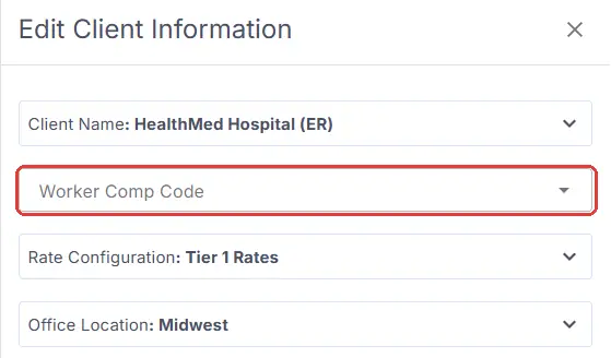 The Edit Client Information form on an order, with the Worker Comp Code field ringed