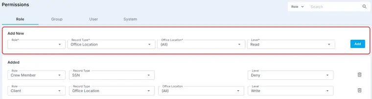 Settings, Permissions on the Role tab: the Add New row with Role, Record Type, Office Location and Level, and below it two rules already added. The Add New row is ringed