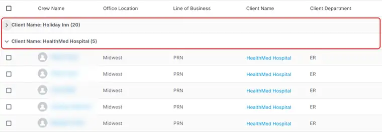 The Offers list grouped by Client Name, with each client's group row ringed and the offers for that client listed under it