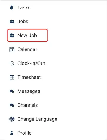 The NextCrew app menu with New Job ringed, just below Jobs