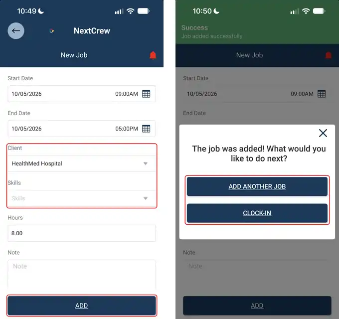 Two app screens side by side: the New Job form with Client and Skills ringed and the ADD button ringed, then the message The job was added with ADD ANOTHER JOB and CLOCK-IN ringed