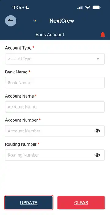 The Bank Account screen in the NextCrew app with Account Type, Bank Name, Account Name, Account Number and Routing Number, and the UPDATE button ringed