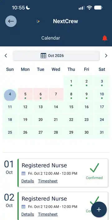 The Calendar screen in the NextCrew app: a month view with a dot under each day that has a job, and a list of confirmed jobs underneath with Details and Timesheet links