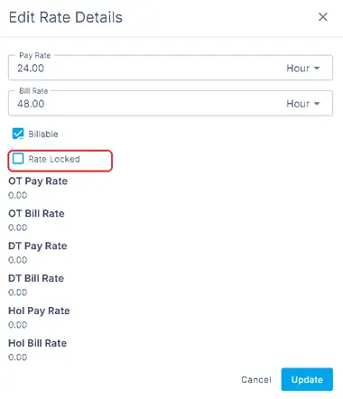 The Edit Rate Details panel on an offer, with Pay Rate, Bill Rate, Billable and the Rate Locked checkbox ringed