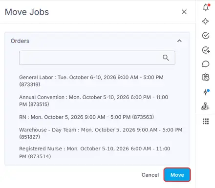 The Move Jobs panel: a search box above a list of orders, each with its name, dates and order number, and the Move button ringed
