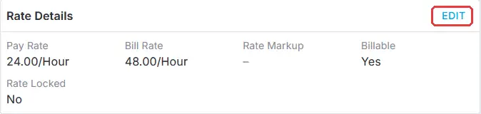 The Rate Details card on a Crew Member's offer, showing Pay Rate, Bill Rate, Rate Markup, Billable and Rate Locked, with the EDIT button ringed