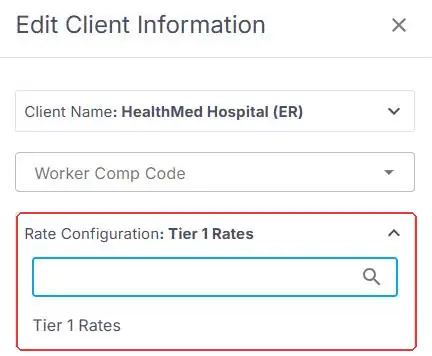 The Edit Client Information panel on an order, with the Rate Configuration drop-down open and ringed