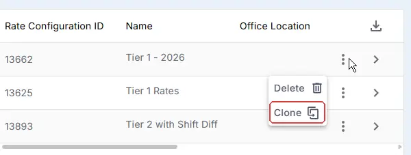 The Rate Configurations list with ID, Name and Office Location columns, and the row menu open showing Delete and Clone, with Clone ringed