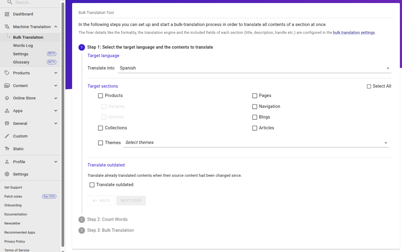 The user can bulk translate from the Bulk Translation option in the left hand menu