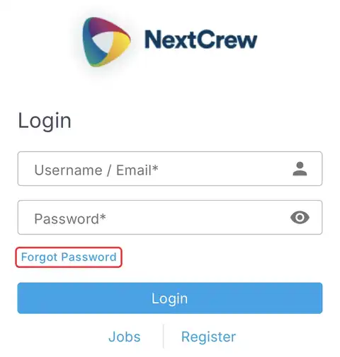 The NextCrew Login page with Username / Email and Password boxes. Forgot Password, just under the Password box, is circled in red