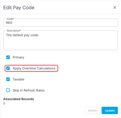The Edit Pay Code form for the REG pay code, with Primary, Apply Overtime Calculations, Taxable and Skip in Refresh Rates checkboxes. Apply Overtime Calculations is circled in red